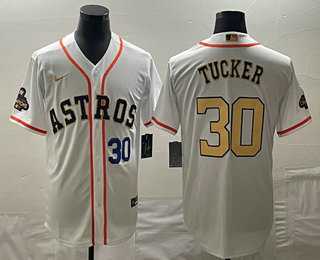 Mens Houston Astros #30 Kyle Tucker Number 2023 White Gold World Serise Champions Patch Cool Base Stitched Jersey